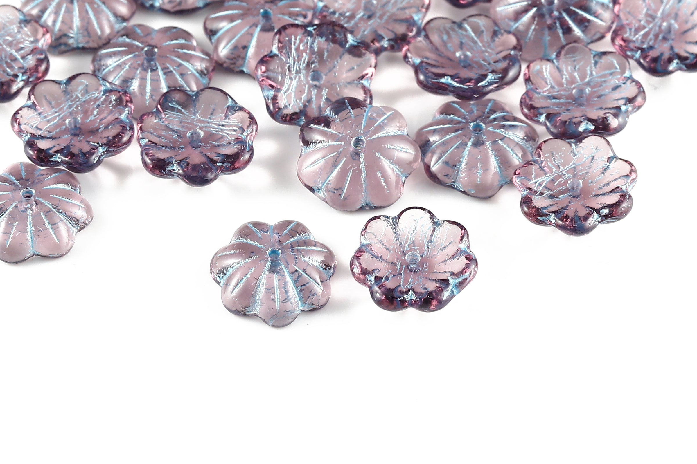 Bell Flowers 5×14mm Lt.Amethyst With Blue 1-Hole Czech Beads