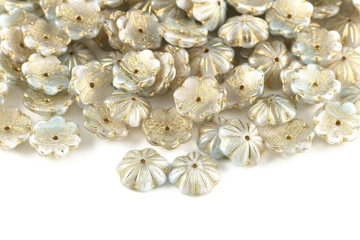 Bell Flowers 5×14mm Crystal Aqua Mixed With Gold 1-Hole Czech Beads