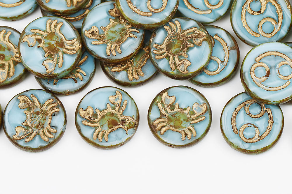 Cancer Coin 18mm Silk Aqua Travertin With Gold 1-Hole Czech Beads