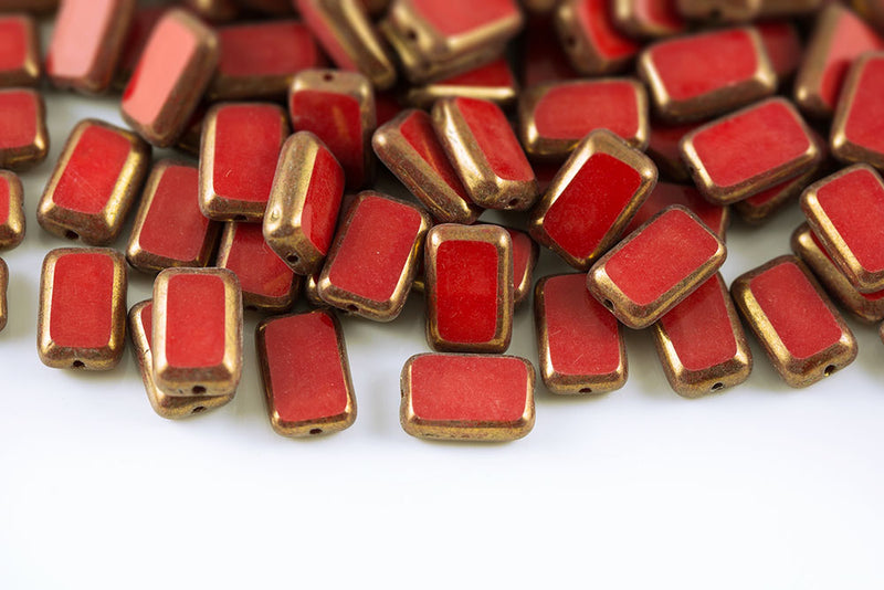 Rectangle 12×8mm Opaque Coral Red Violet Luster 1-Hole Czech Beads