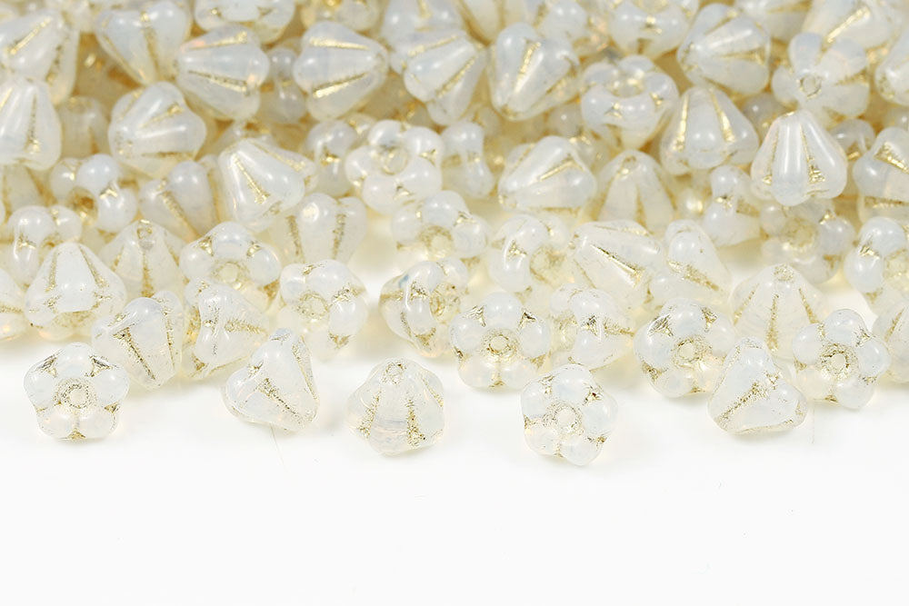 Bell Flowers 4×6mm Opal White With Gold 1-Hole Czech Beads