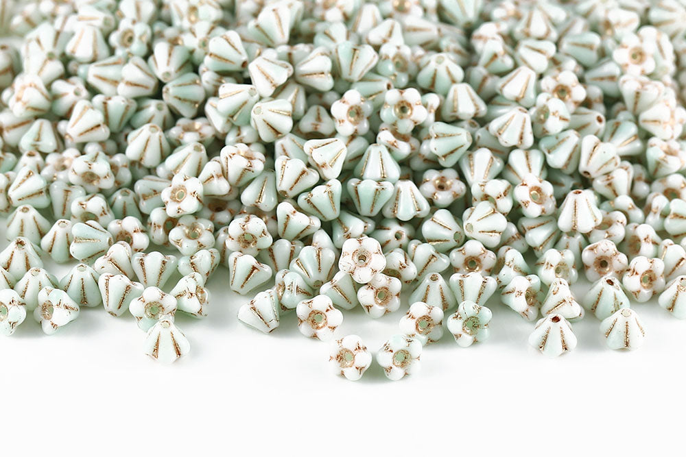Bell Flowers 4×6mm White Green Mixed With Rose Gold 1-Hole Czech Beads