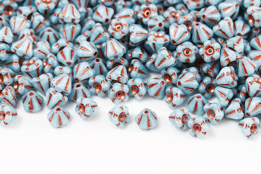 Bell Flowers 4×6mm Silk Aqua With Copper 1-Hole Czech Beads