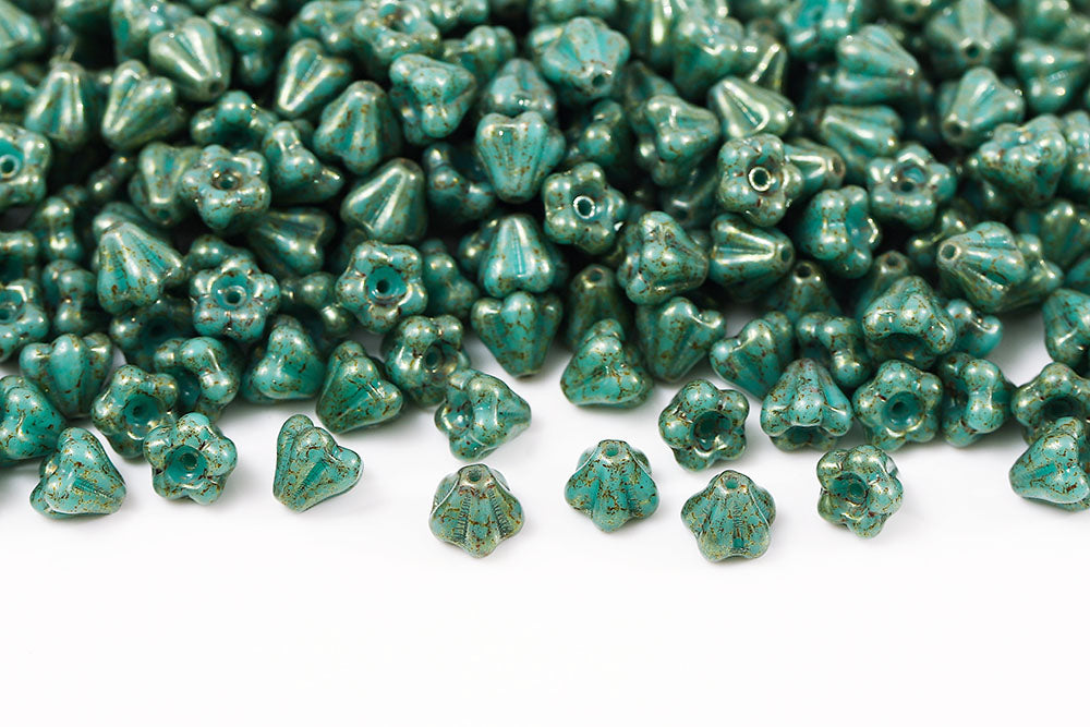 Bell Flowers 4×6mm Turquoise Green Red Terracotta 1-Hole Czech Beads