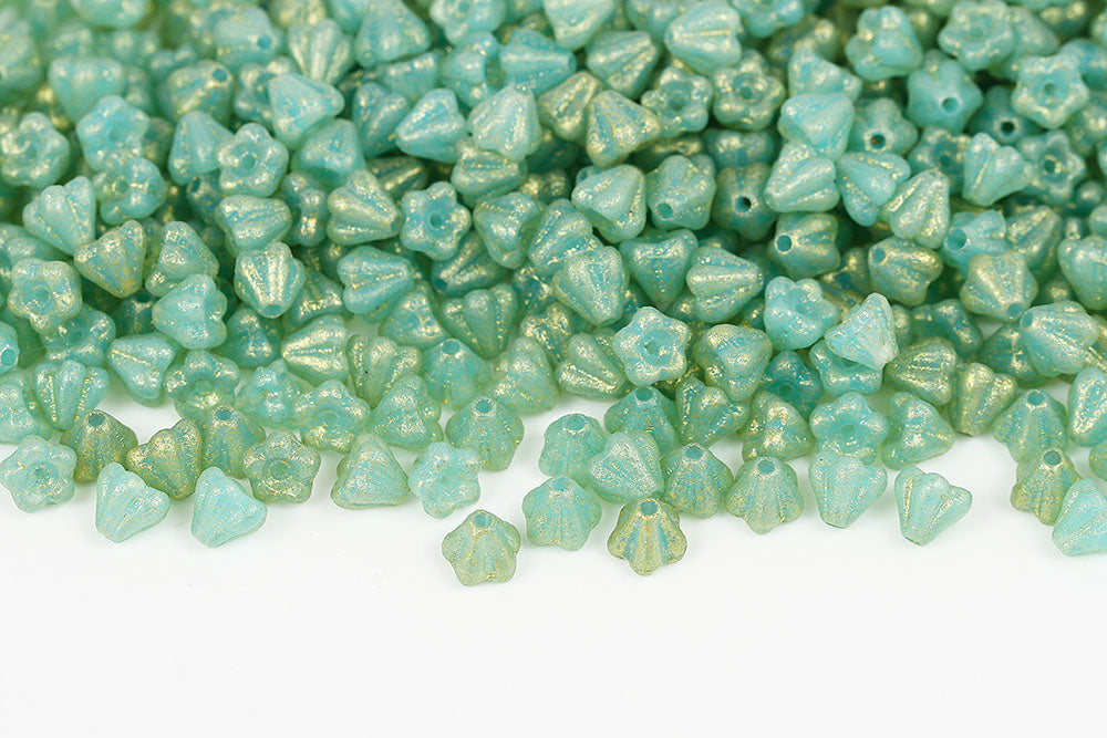 Bell Flowers 4×6mm Opal Aqua Gold Powder Etched Finish 1-Hole Czech Beads