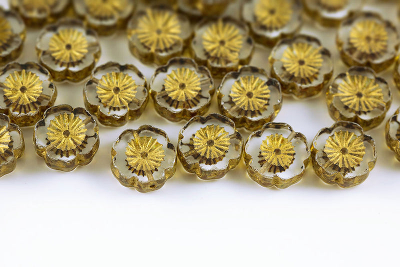 Hawaiian Flowers 14mm Crystal Travertin With Gold 1-Hole Czech Beads