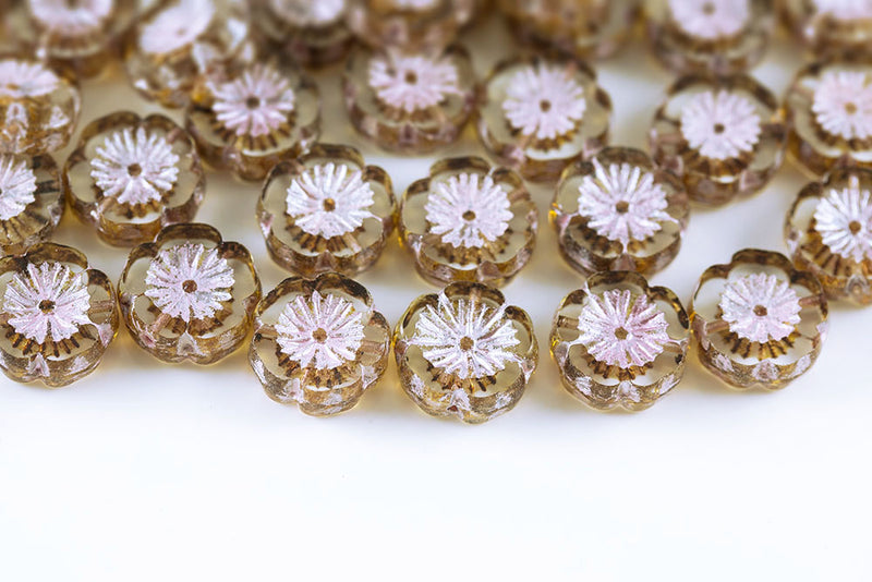 Hawaiian Flowers 14mm Crystal Travertin With Pink 1-Hole Czech Beads