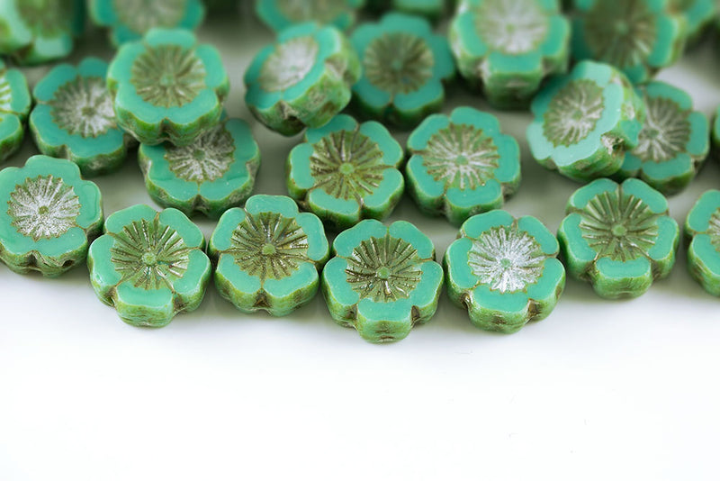 Hawaiian Flowers 14mm Turquoise Green Travertin 1-Hole Czech Beads