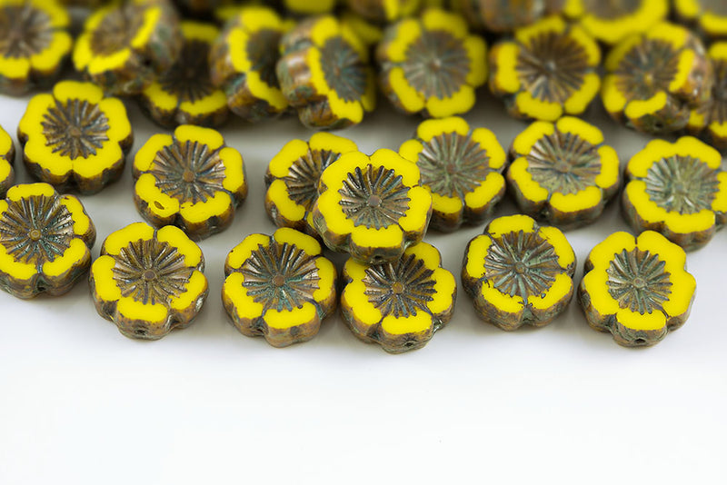 Hawaiian Flowers 14mm Opaque Lemon Travertin 1-Hole Czech Beads