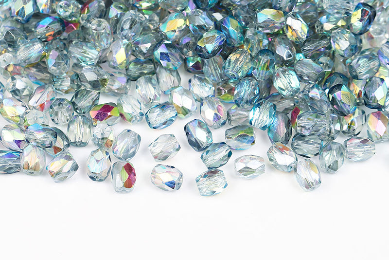 Firepolished Baros 6×5mm Crystal Green Rainbow Czech Beads