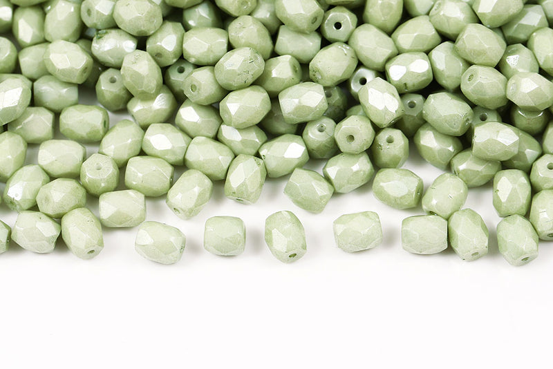 Firepolished Baros 6×5mm Chalk Green Luster Czech Beads