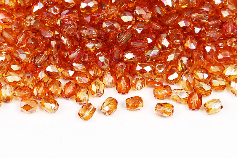 Firepolished Baros 6×5mm Crystal Apricot Medium Czech Beads