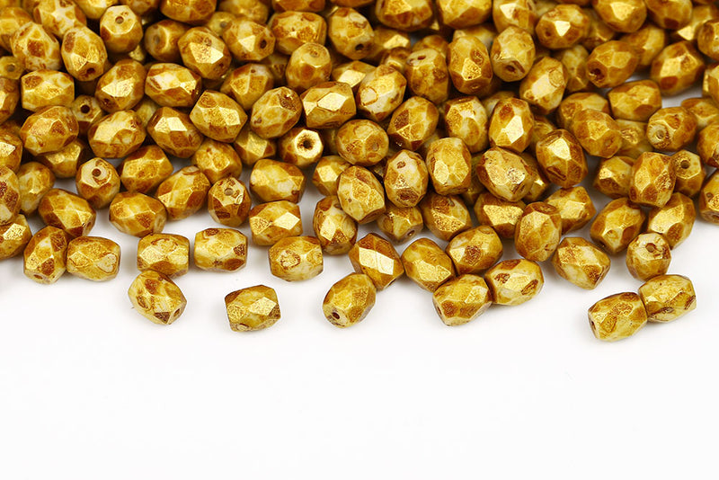 Firepolished Baros 6×5mm Chalk Amber Marble Finish Czech Beads