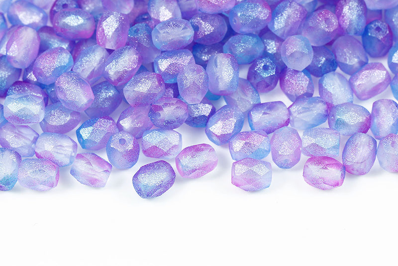 Firepolished Baros 6×5mm Frozen Rainbow Blue Matt Czech Beads