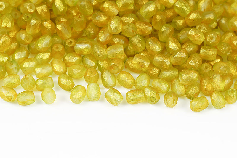 Firepolished Baros 6×5mm Frozen Green-Yellow Matt Czech Beads