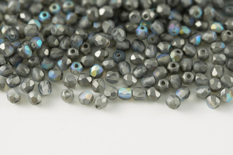 Czech Fire Polished 3mm Crystal Graphite Rainbow Matt Round Beads