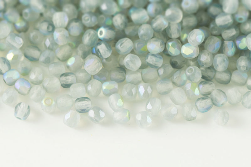 Czech Fire Polished 3mm Crystal Blue Rainbow Matt Round Beads