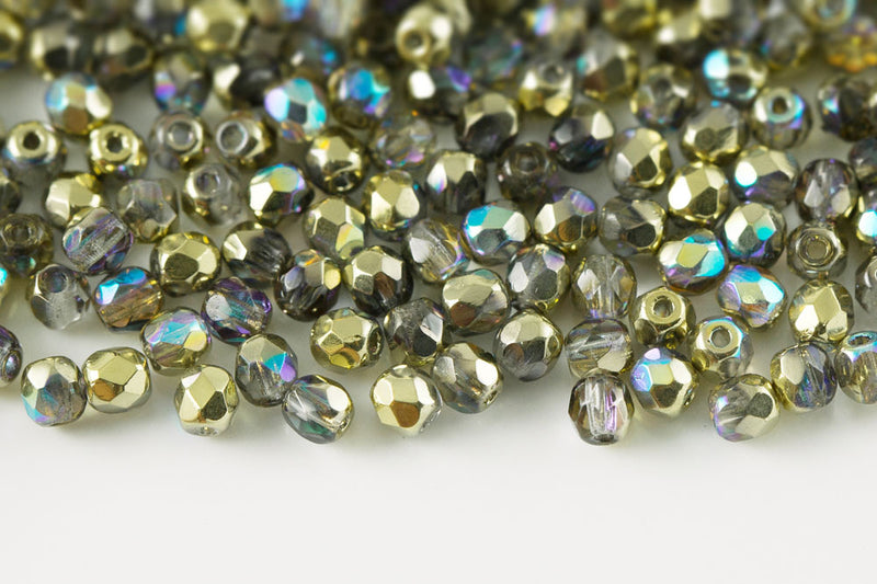 Czech Fire Polished 3mm Crystal Golden Rainbow Round Beads