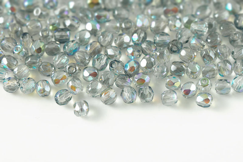 Czech Fire Polished 3mm Crystal Blue Rainbow Round Beads