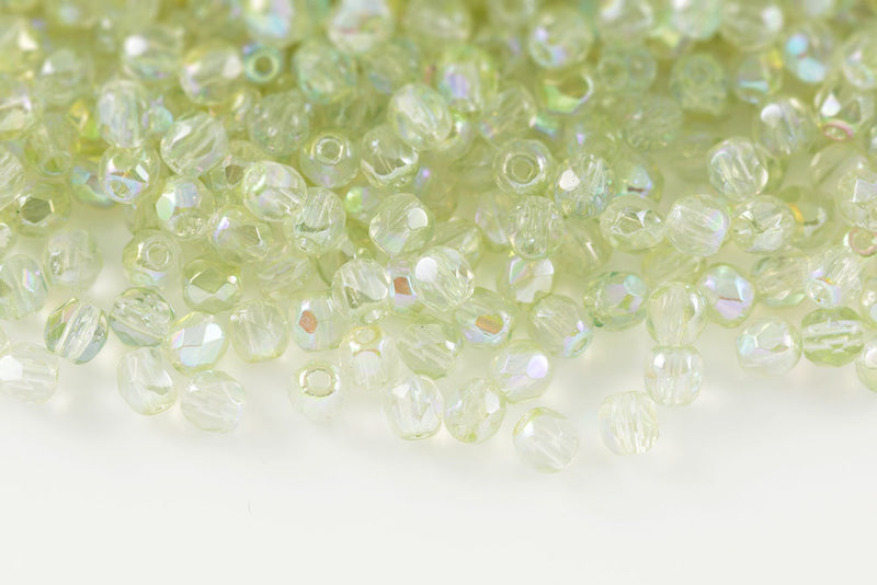Czech Fire Polished 3mm Crystal Green Rainbow Round Beads