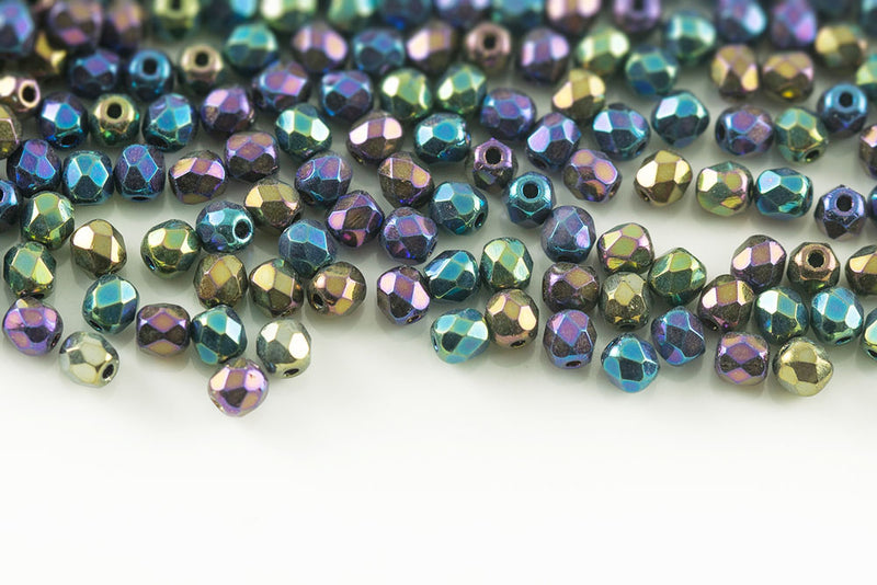 Czech Fire Polished 3mm Jet Rainbow Iris Round Beads