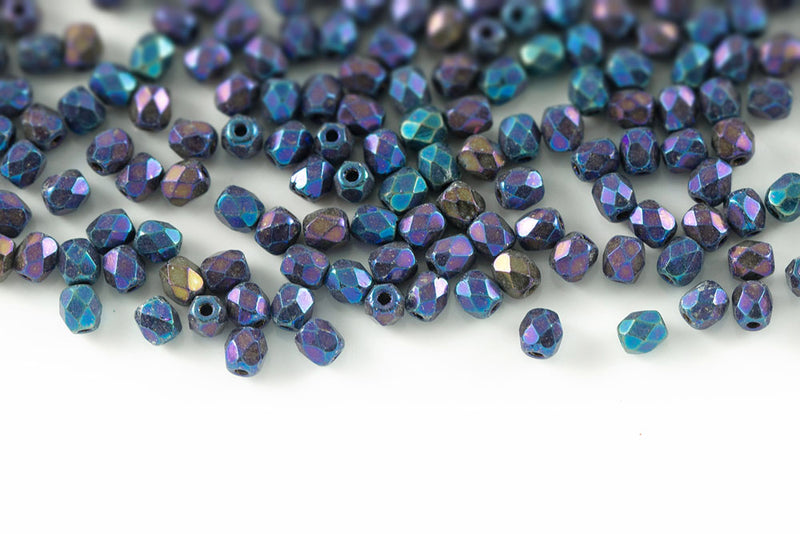 Czech Fire Polished 3mm Jet Blue Iris Round Beads