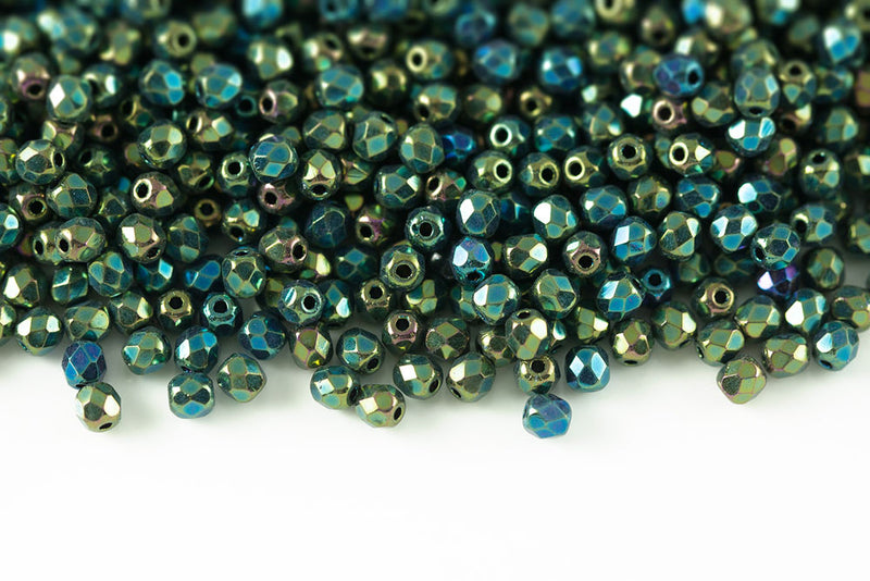 Czech Fire Polished 3mm Jet Green Iris Round Beads