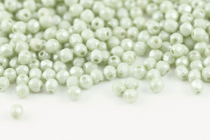 Czech Fire Polished 3mm Chalk Green Luster Round Beads