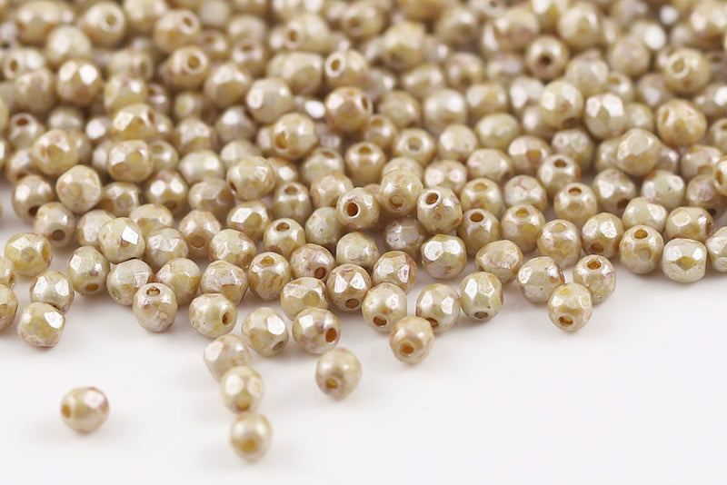 Czech Fire Polished 3mm Chalk Ivory Marble Finish Round Beads