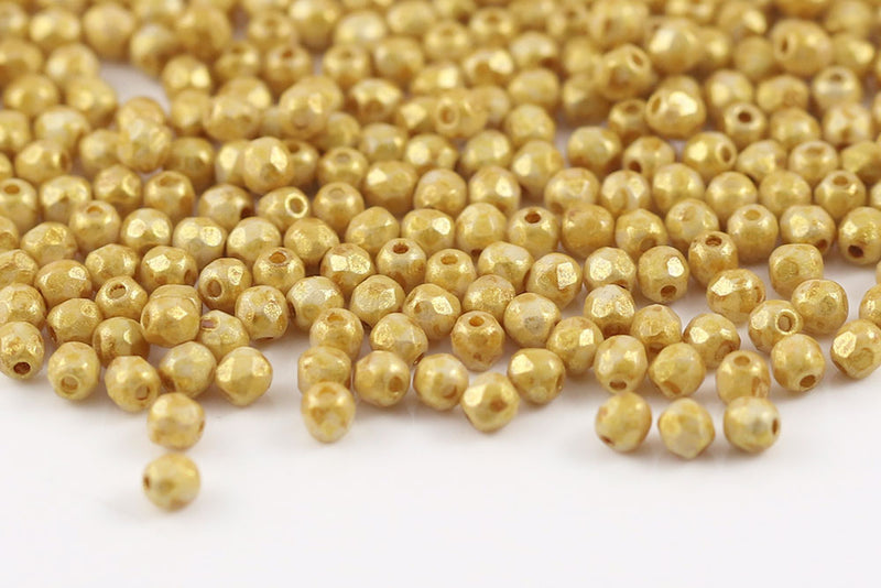 Czech Fire Polished 3mm Chalk Amber Marble Finish Round Beads