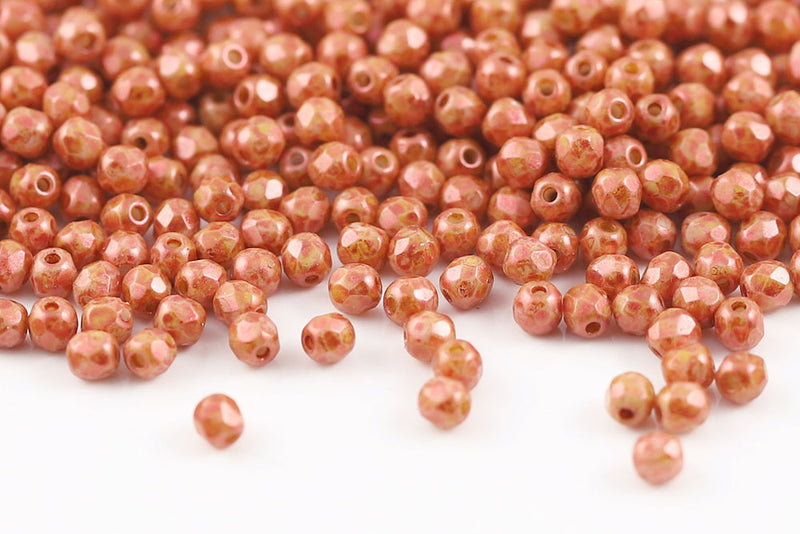 Czech Fire Polished 3mm Chalk Orange Marble Finish Round Beads