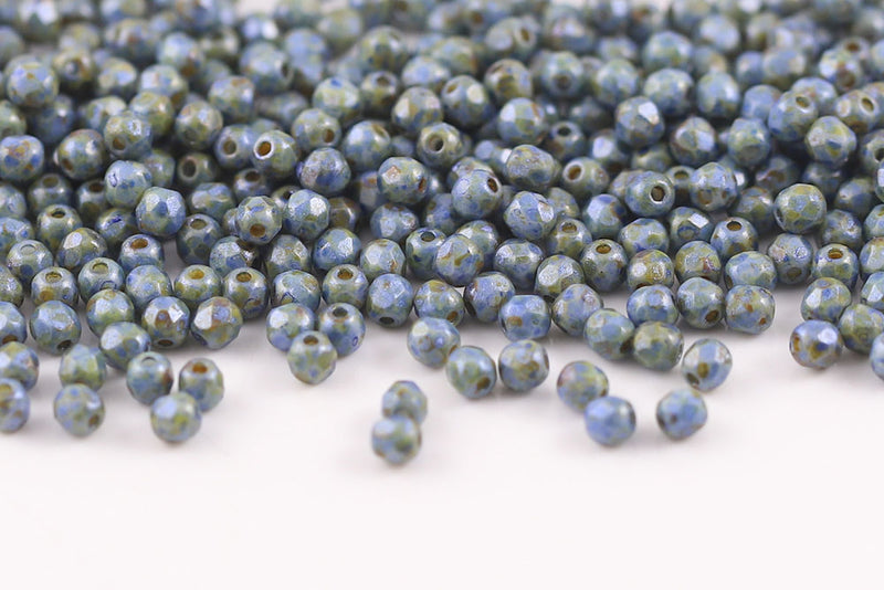 Czech Fire Polished 3mm Chalk Blue Marble Finish Round Beads