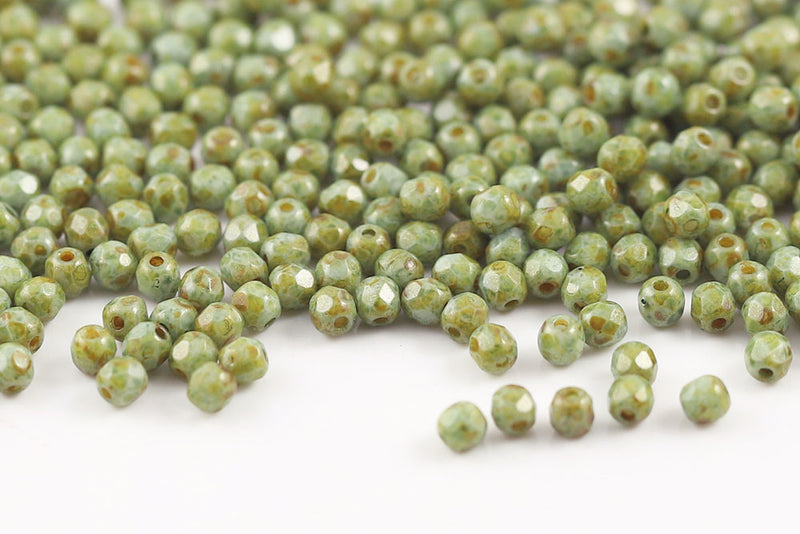 Czech Fire Polished 3mm Chalk Green Marble Finish Round Beads