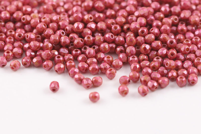 Czech Fire Polished 3mm Chalk Rose Marble Finish Round Beads