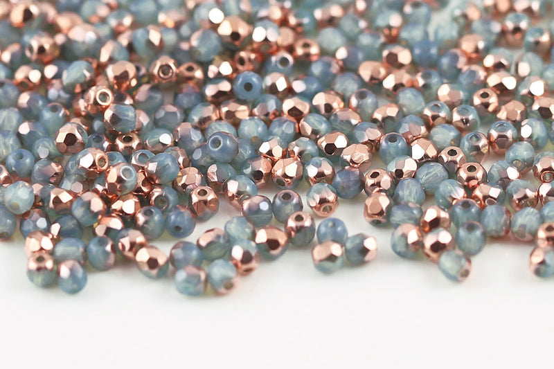 Czech Fire Polished 3mm Opal Blue Green Capri Gold Round Beads