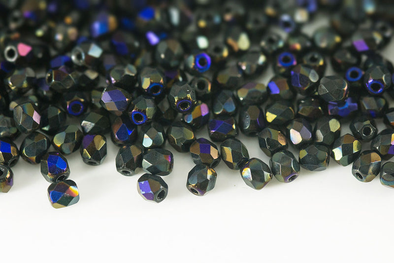 Czech Fire Polished 3mm Jet Azuro Full Round Beads