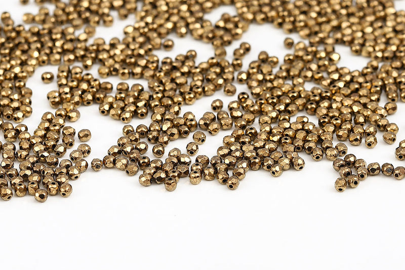 Czech Fire Polished 3mm Jet Gold Bronze Round Beads