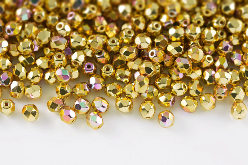 Czech Fire Polished 4mm Gold Plated AB Round Beads
