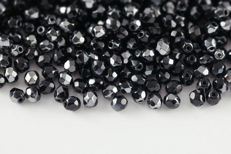 Czech Fire Polished 4mm Jet Chrom Round Beads