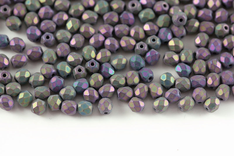 Czech Fire Polished 4mm Jet Red Iris Matt Round Beads