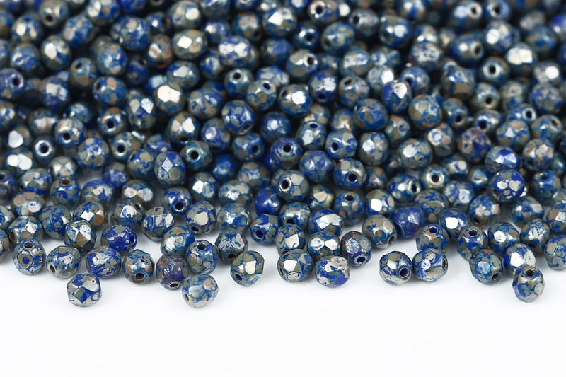 Czech Fire Polished 4mm Opaque Medium Blue Picasso Round Beads