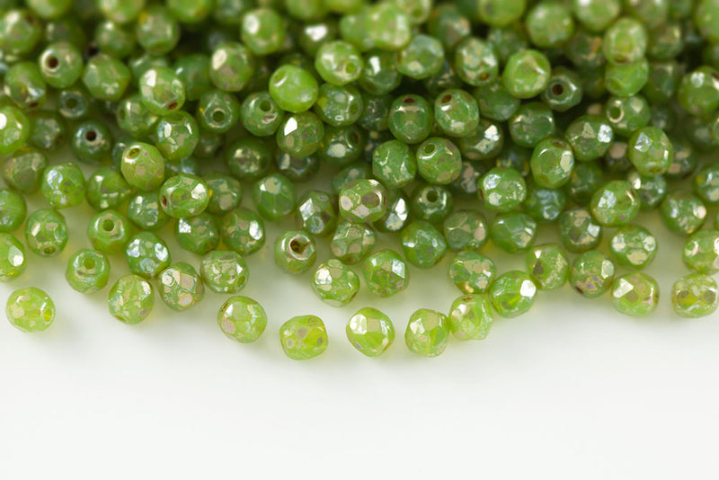 Czech Fire Polished 4mm Opal Green Picasso Round Beads