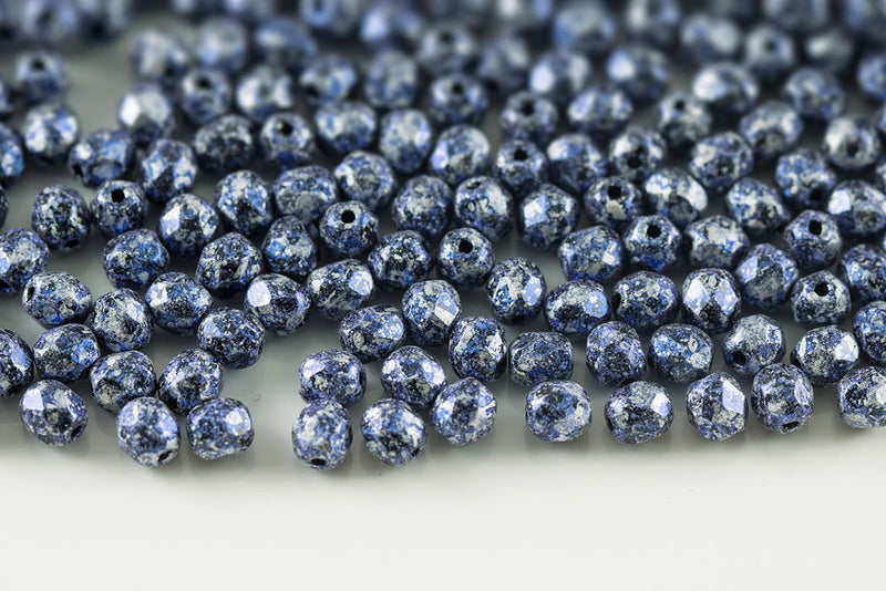 Czech Fire Polished 4mm Silver&Blue Splash Jet Round Beads