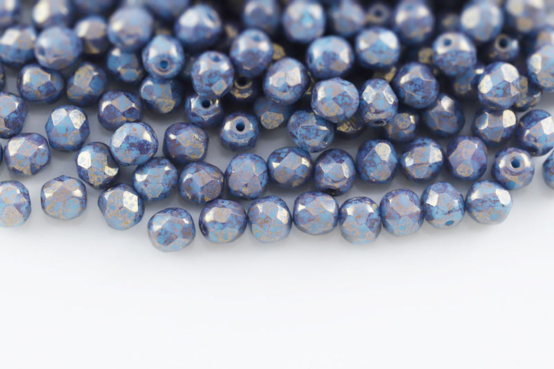 Czech Fire Polished 6mm Turquoise Blue With Gold Marble Finish Round Beads