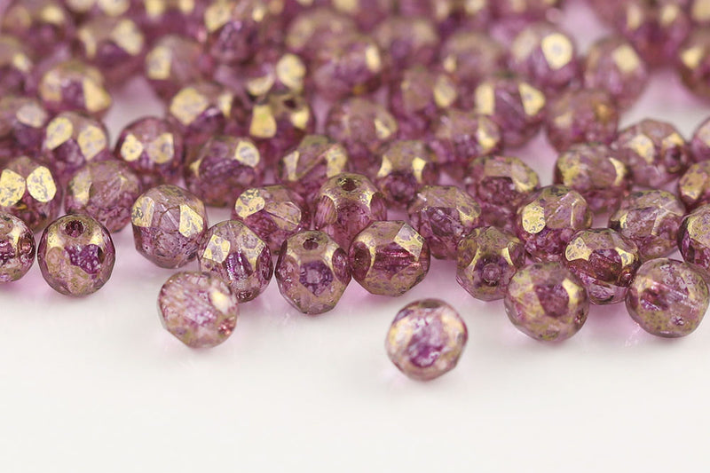 Czech Fire Polished 6mm Crystal With Gold Marble Finish Round Beads