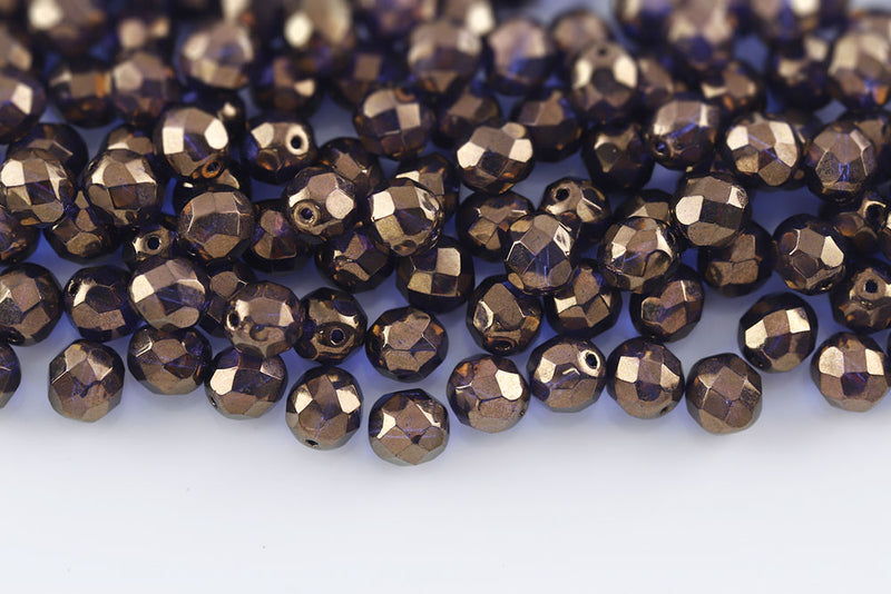 Czech Fire Polished 8mm Sapphire Violet Luster Round Beads