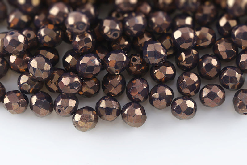 Czech Fire Polished 8mm Dark Topaz Violet Luster Round Beads