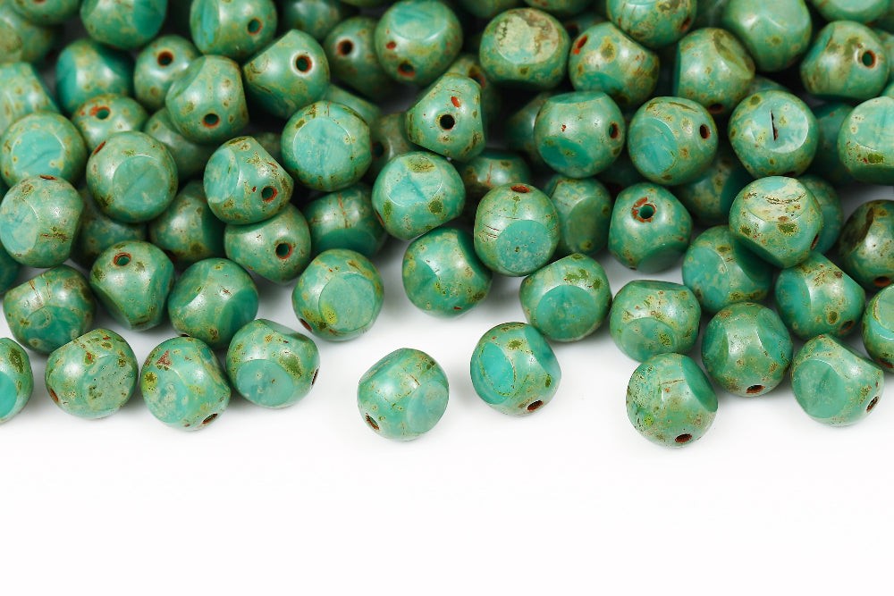 Firepolished 3 Cut 8mm Turquoise Green Travertin Czech Beads
