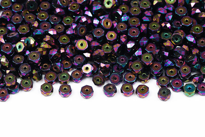 Firepolished Rondelle 3×6mm Jet Red Iris Czech Beads