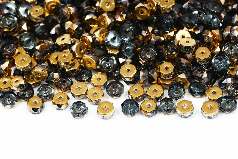 Firepolished Rondelle 3×6mm Crystal Aurum Half Czech Beads